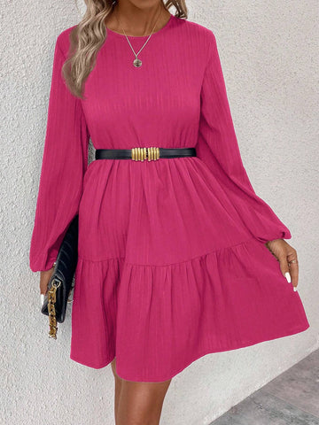 Women's Solid Color Round Neck Lantern Sleeve Ruffle Hem Cute Dress, Autumn