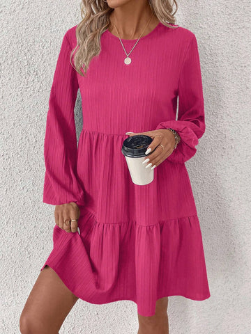 Women's Solid Color Round Neck Lantern Sleeve Ruffle Hem Cute Dress, Autumn