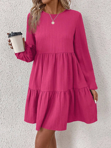 Women's Solid Color Round Neck Lantern Sleeve Ruffle Hem Cute Dress, Autumn