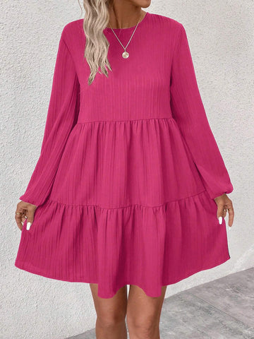 Women's Solid Color Round Neck Lantern Sleeve Ruffle Hem Cute Dress, Autumn
