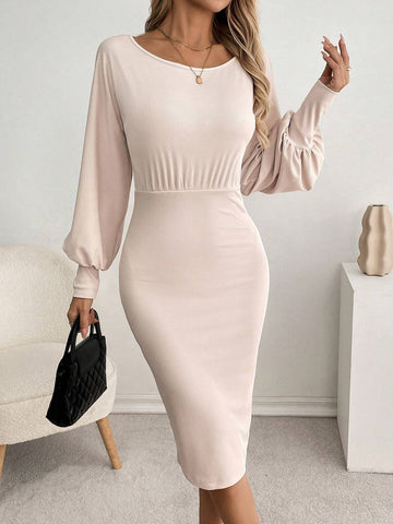 Women's Solid Color Round Neck Lantern Sleeve Slim Fit Elegant Dress, Spring And Summer