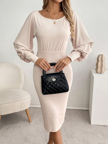 Women's Solid Color Round Neck Lantern Sleeve Slim Fit Elegant Dress, Spring And Summer