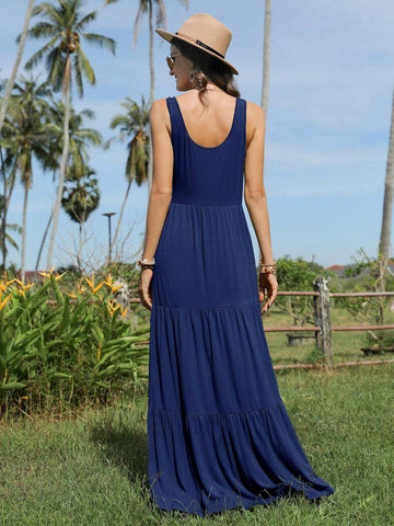 Women's Solid Color Round Neck Sleeveless Ruffled Hem A-Line Dress