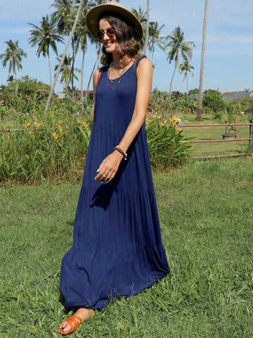 Women's Solid Color Round Neck Sleeveless Ruffled Hem A-Line Dress