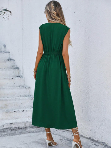Women's Solid Color Round Neck & Waist Tie Design Dress