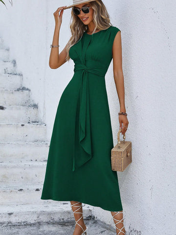 Women's Solid Color Round Neck & Waist Tie Design Dress