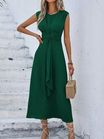 Women's Solid Color Round Neck & Waist Tie Design Dress