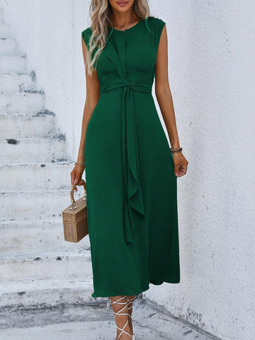 Women's Solid Color Round Neck & Waist Tie Design Dress