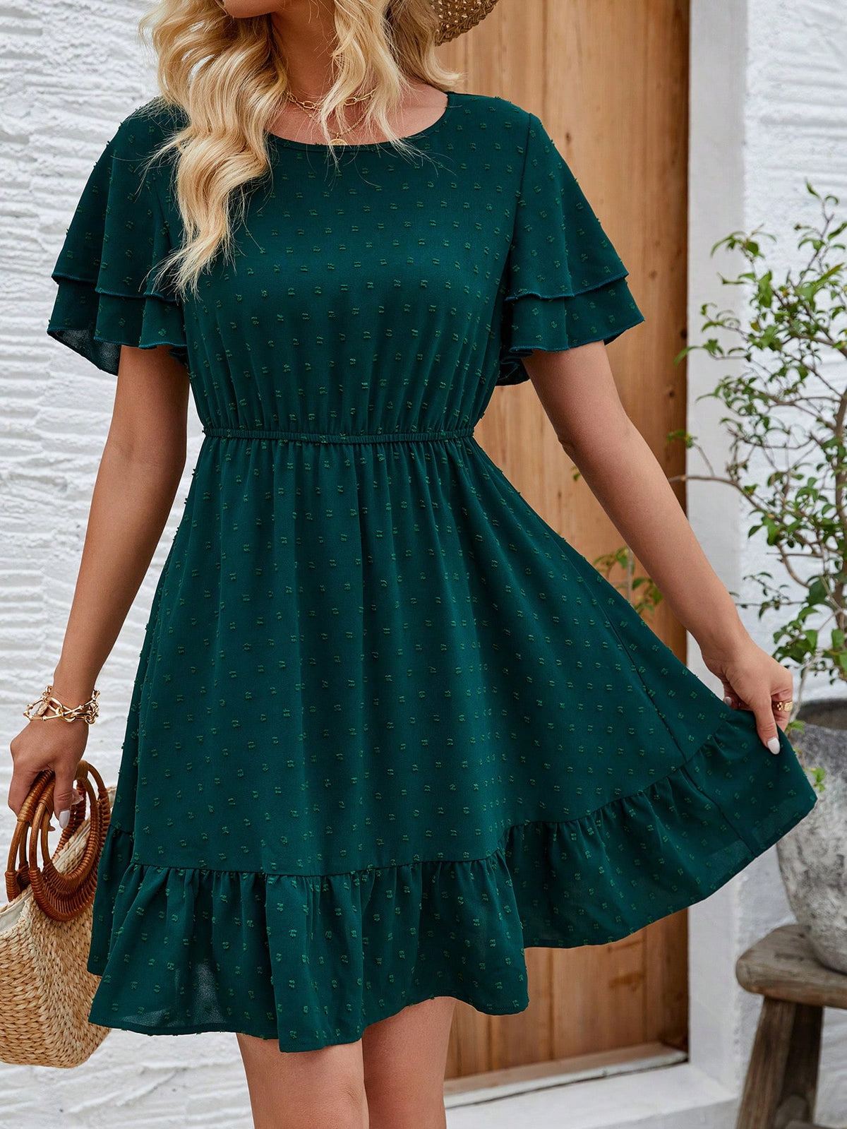 Women's Solid Color Ruffle Trim Dress