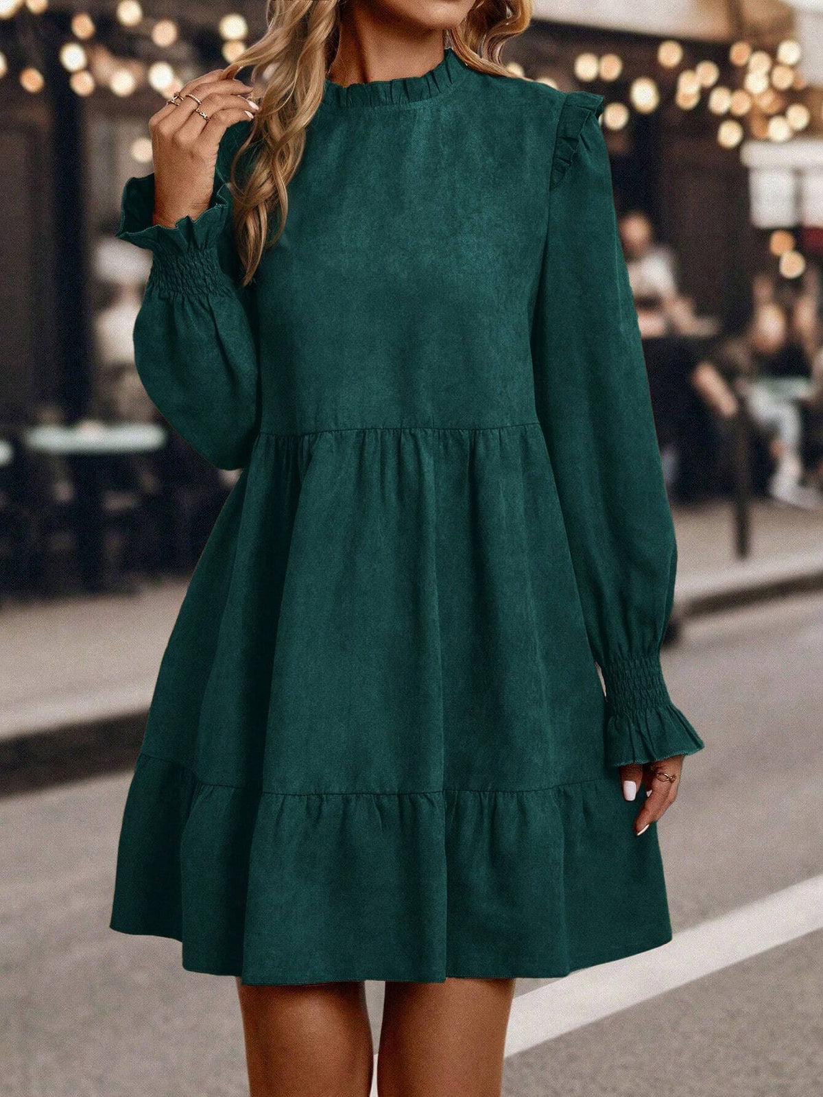 Women's Solid Color Ruffle Trim Long Sleeve Loose Cute Doll Dress, Autumn