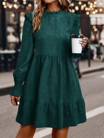 Women's Solid Color Ruffle Trim Long Sleeve Loose Cute Doll Dress, Autumn