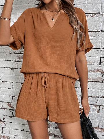 Women's Solid Color Short Sleeve Top And Shorts Two Piece Set
