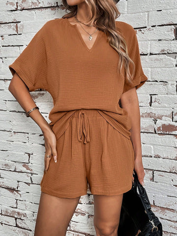 Women's Solid Color Short Sleeve Top And Shorts Two Piece Set