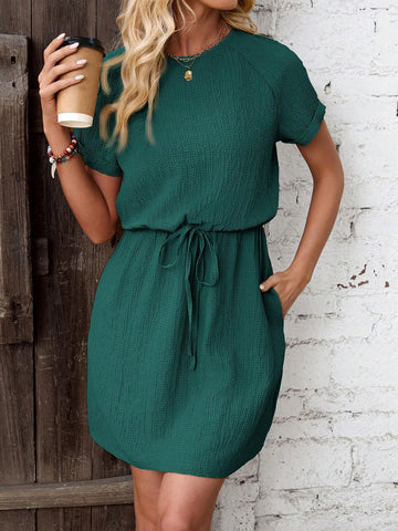 Women's Solid Color Simple Daily Round Neck Short Sleeve Tie Waist Dress