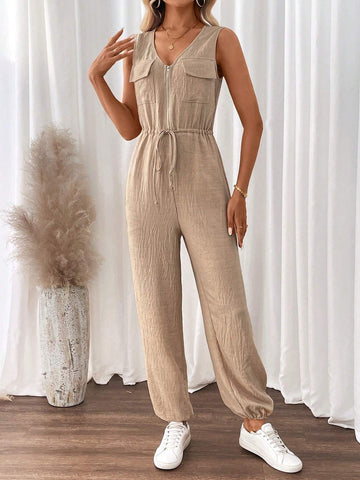 Women's Solid Color Simple Daily Wear Sleeveless Jumpsuit