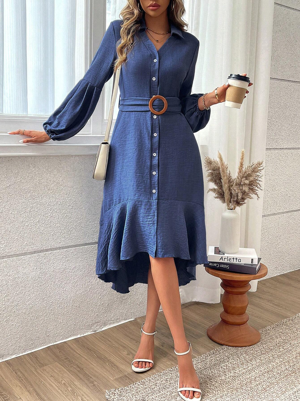 Women's Solid Color Simple Everyday Waist Belt Long Sleeve Dress