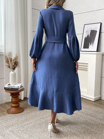 Women's Solid Color Simple Everyday Waist Belt Long Sleeve Dress