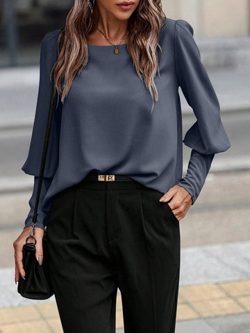 LUNE Women's Solid Color Single-Button Back Design Gigot Sleeve Elegant Blouse