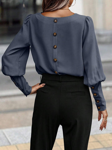 LUNE Women's Solid Color Single-Button Back Design Gigot Sleeve Elegant Blouse