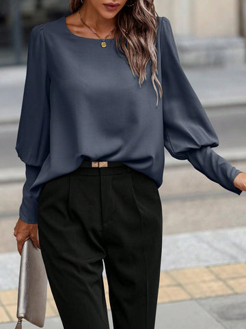 LUNE Women's Solid Color Single-Button Back Design Gigot Sleeve Elegant Blouse
