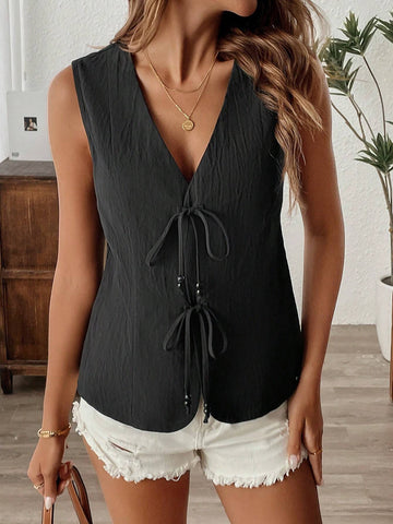 LUNE Women's Solid Color Sleeveless Casual Tie Front Shirt Blouse, Summer