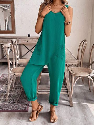 Women's Solid Color Sleeveless Jumpsuit For Vacation And Leisure