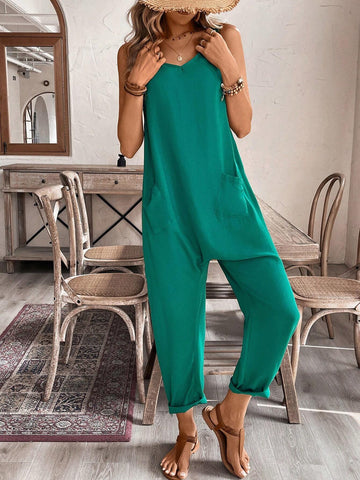 Women's Solid Color Sleeveless Jumpsuit For Vacation And Leisure