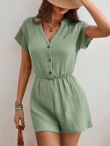 Women's Solid Color Slit V-Neck Batwing Sleeve Romper