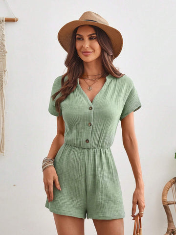 Women's Solid Color Slit V-Neck Batwing Sleeve Romper