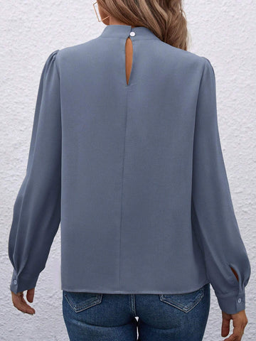 LUNE Women's Solid Color Stand Collar Ruched Elegant Long Sleeve Blouse