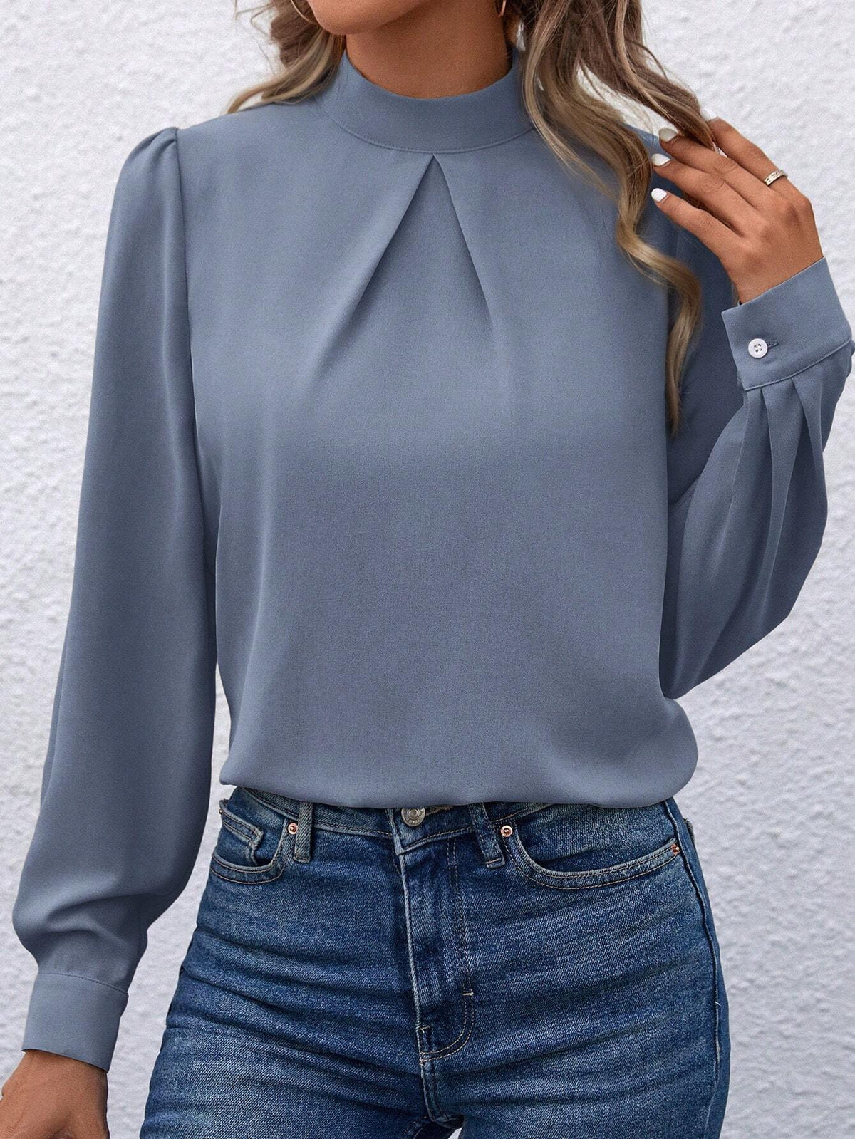 LUNE Women's Solid Color Stand Collar Ruched Elegant Long Sleeve Blouse