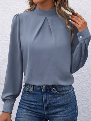 LUNE Women's Solid Color Stand Collar Ruched Elegant Long Sleeve Blouse