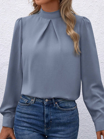 LUNE Women's Solid Color Stand Collar Ruched Elegant Long Sleeve Blouse