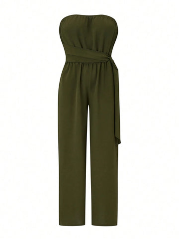 Women's Solid Color Strapless Jumpsuit With Waist Knot Detail