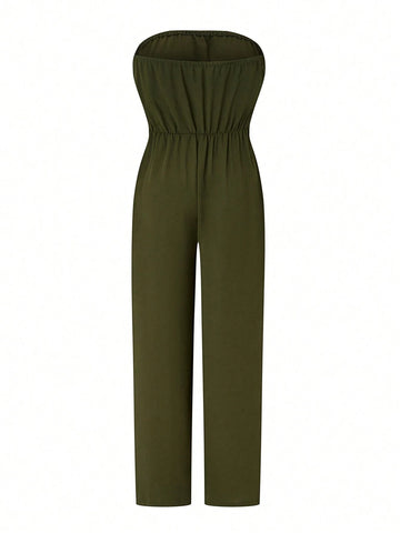 Women's Solid Color Strapless Jumpsuit With Waist Knot Detail
