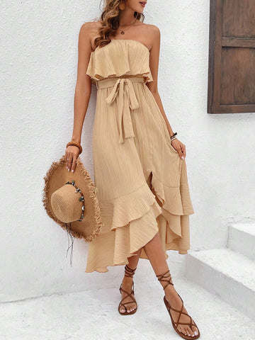 Women's Solid Color Strapless Ruffle Hem Dress