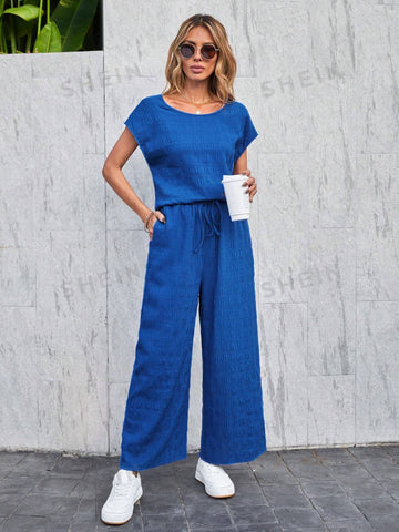 Women's Solid Color Textured Casual Two-Piece Set