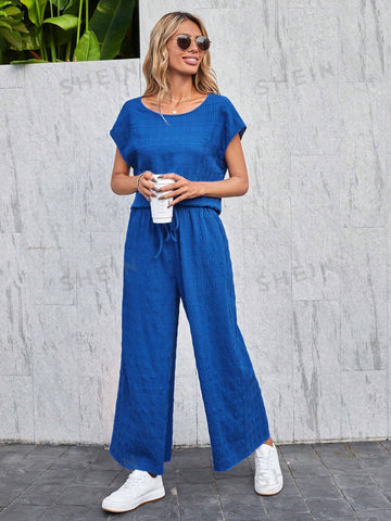 Women's Solid Color Textured Casual Two-Piece Set