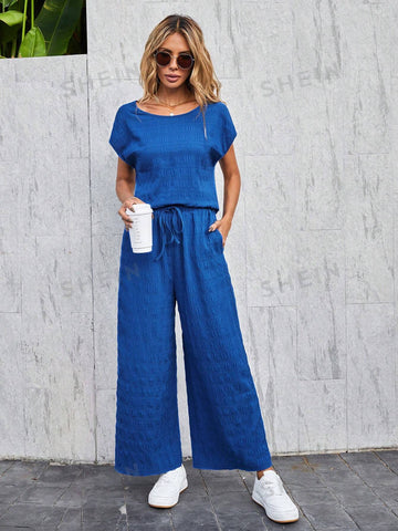 Women's Solid Color Textured Casual Two-Piece Set