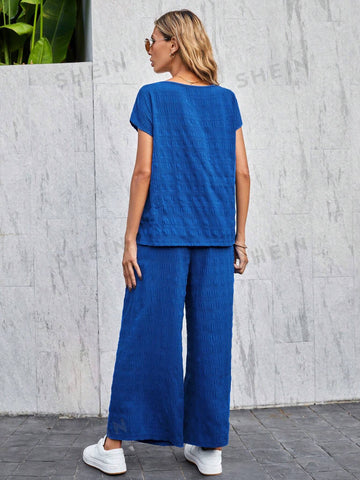 Women's Solid Color Textured Casual Two-Piece Set