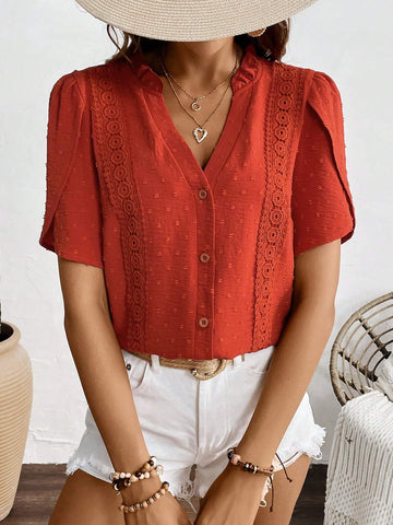 LUNE Women's Solid Color Textured Fabric Lace Patchwork Shirt