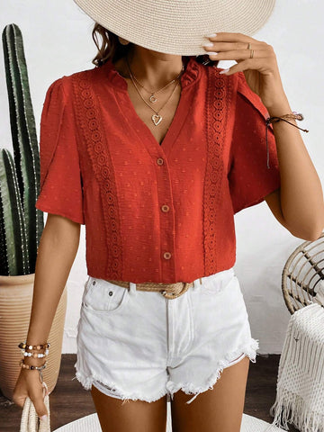 LUNE Women's Solid Color Textured Fabric Lace Patchwork Shirt