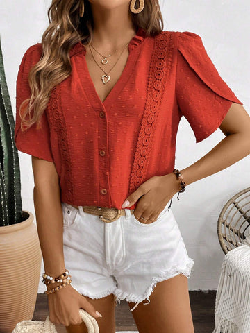 LUNE Women's Solid Color Textured Fabric Lace Patchwork Shirt