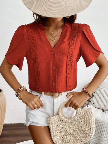 LUNE Women's Solid Color Textured Fabric Lace Patchwork Shirt