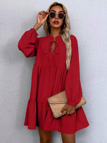Women's Solid Color Tie Collar Lantern Sleeve Casual Loose Babydoll Dress, Spring & Summer,