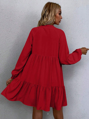 Women's Solid Color Tie Collar Lantern Sleeve Casual Loose Babydoll Dress, Spring & Summer,