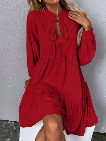 Women's Solid Color Tie Collar Lantern Sleeve Casual Loose Babydoll Dress, Spring & Summer,