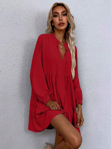 Women's Solid Color Tie Collar Lantern Sleeve Casual Loose Babydoll Dress, Spring & Summer,