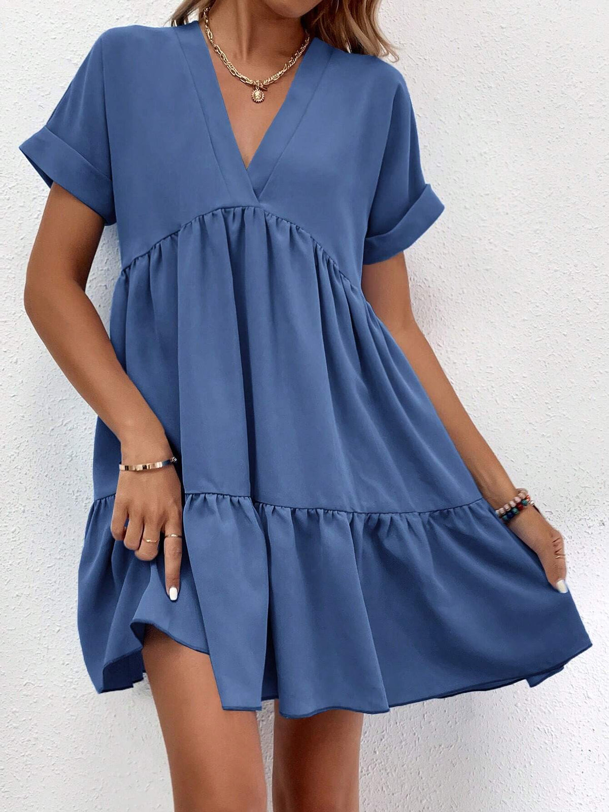 Women's Solid Color V-Neck Batwing Sleeve Loose Casual Swing Dress, Summer