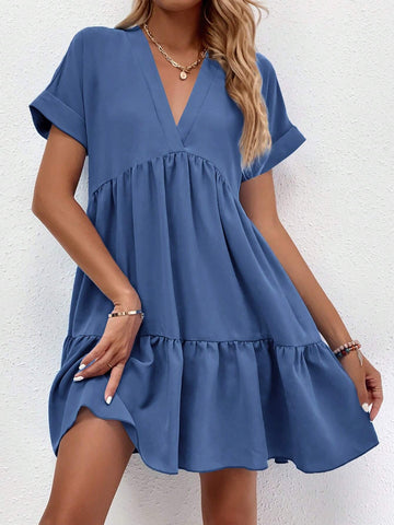 Women's Solid Color V-Neck Batwing Sleeve Loose Casual Swing Dress, Summer